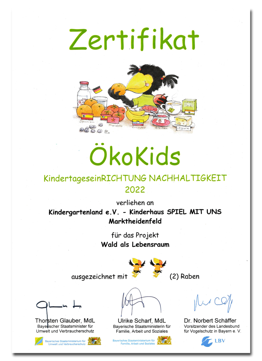 Zertifkat ÖkoKids2022 für Kindergartenland e.V.