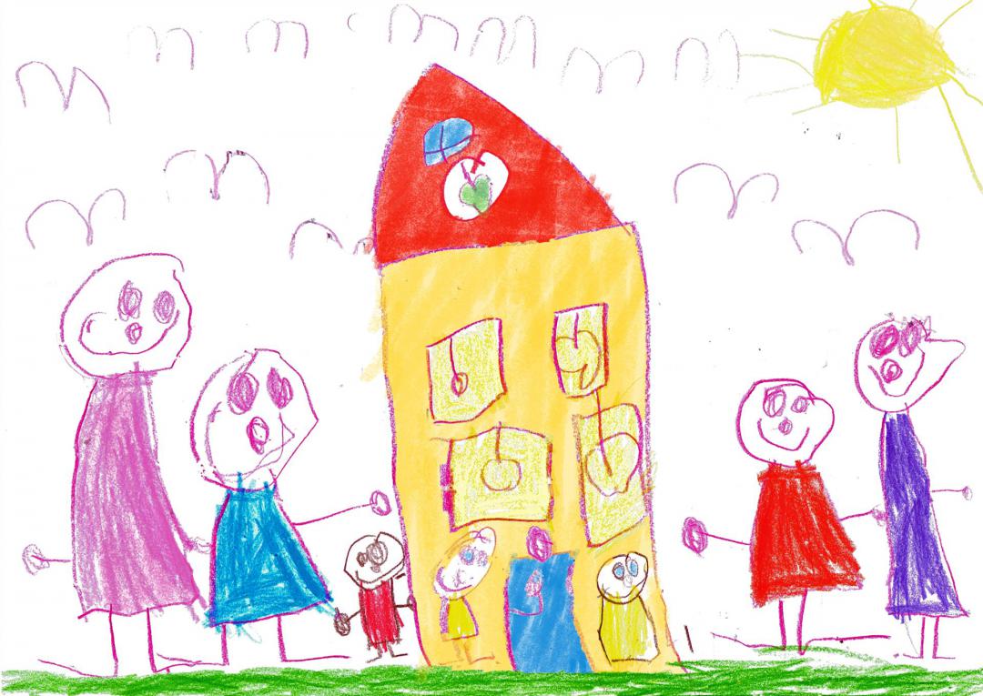 Kinderhaus SPIEL MIT UNS mit Kindern und Betreuern, gemalt von Kinderhand