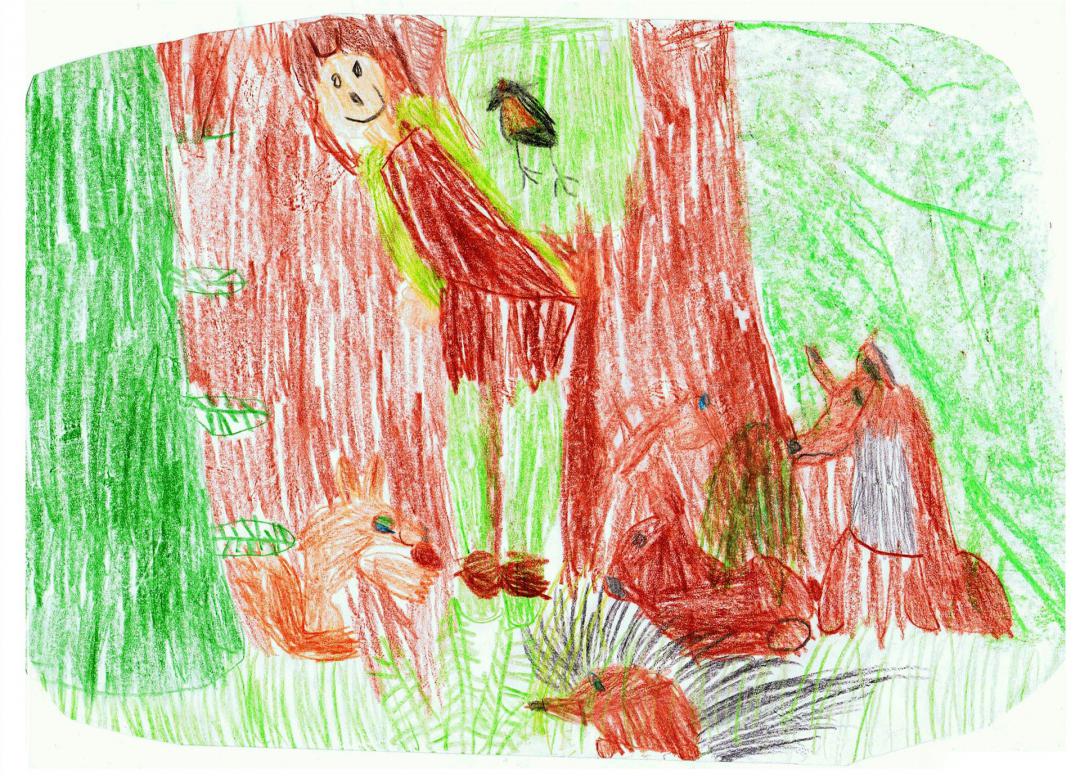 Wichtel im Wald mit verschiedenen Waldtieren, gemalt von Kinderhand